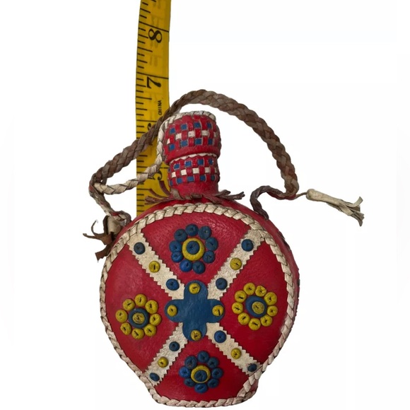 Folk Art Handmade Leather Covered Glass Flask Canteen + Jigger Glass Vintage - Picture 1 of 7